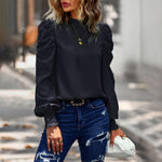 Casual Turtleneck Puff Long Sleeve T Shirts Lace-Up Solid Color Women Wholesale Blouses
