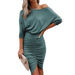 Long Sleeve Sexy Slanted Shoulder Wrinkled Hip Dress Wholesale Dresses