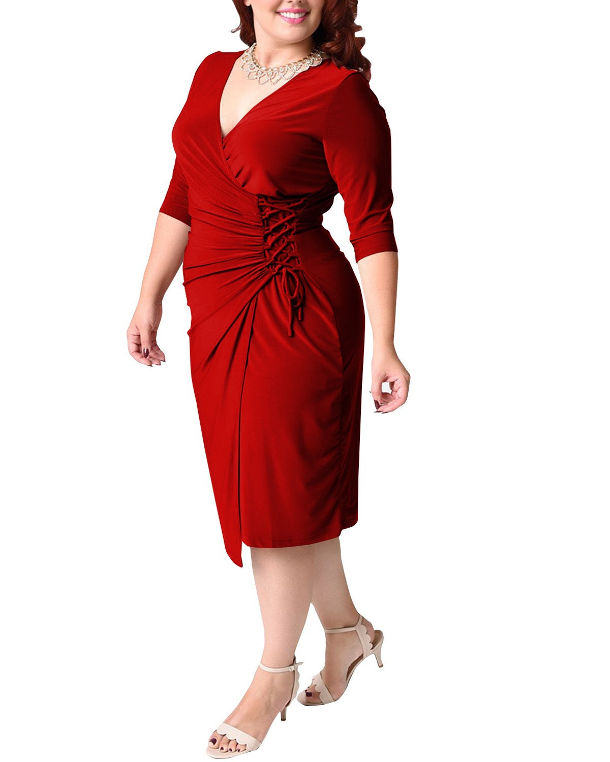 V Neck Mid-Sleeve Tie Waist Curvy Wrap Dresses Wholesale Plus Size Clothing