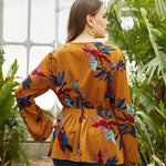 Floral Print Long Sleeve Lace Up Ruffle Hem Wholesale Plus Size Tops