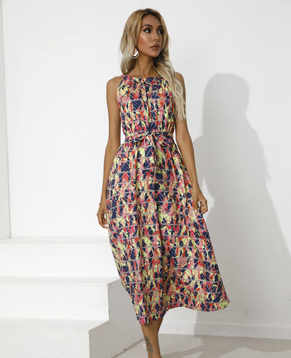 Trendy Ethnic Style Printed Sleeveless Lace-Up Waist Midi Swing Dress Casual Wholesale Dresses