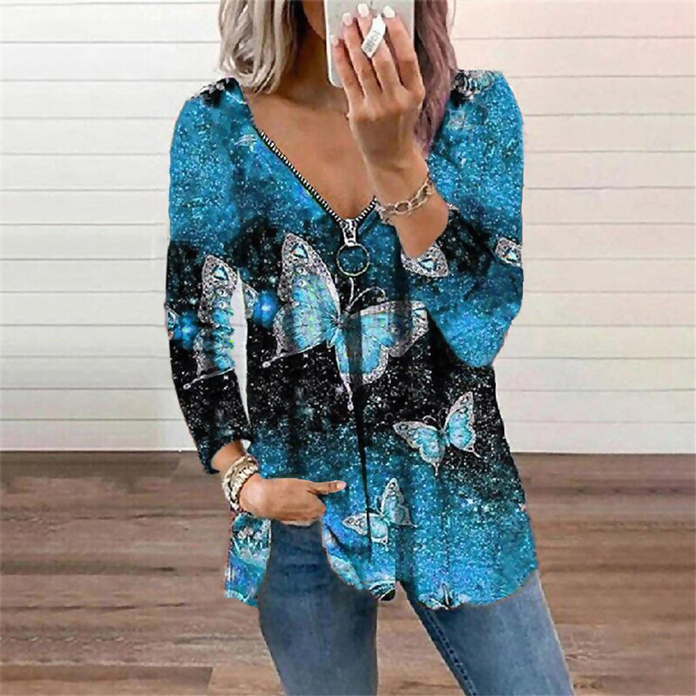 Zipper Butterfly Print Long Sleeve V Neck Wholesale Blouses For Women