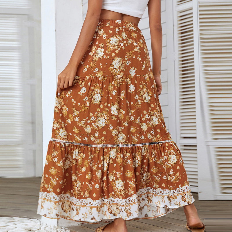 Fashion Smocked Floral Print Large Swing Bohemian Skirt Wholesale Skirts