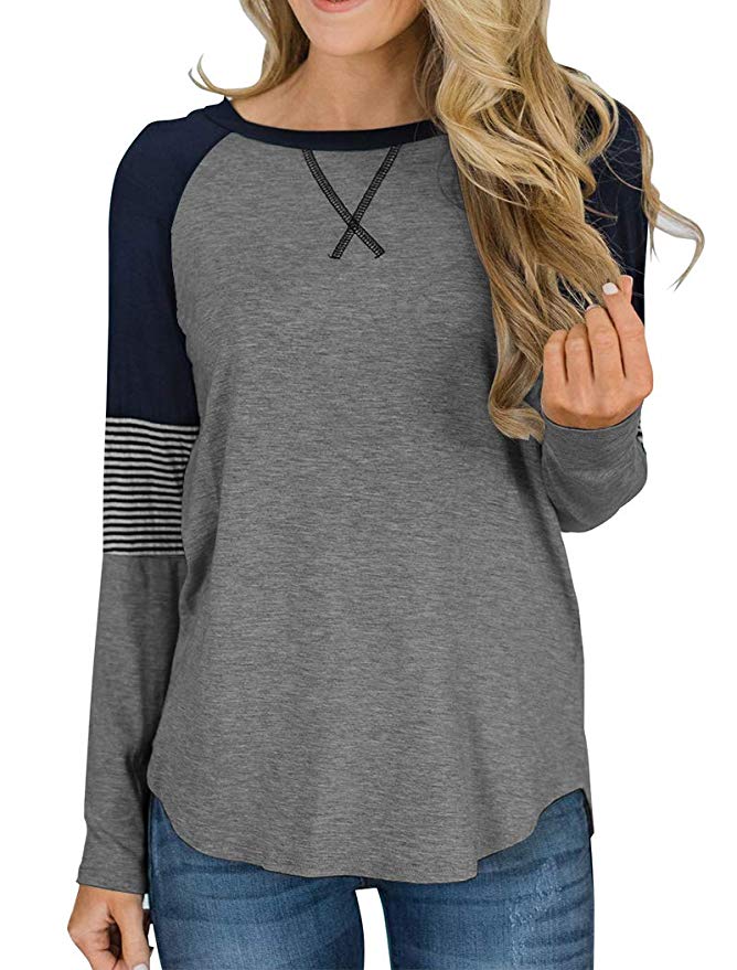 Casual Patchwork Top Loose Crew Neck Wholesale Womens Long Sleeve T Shirts