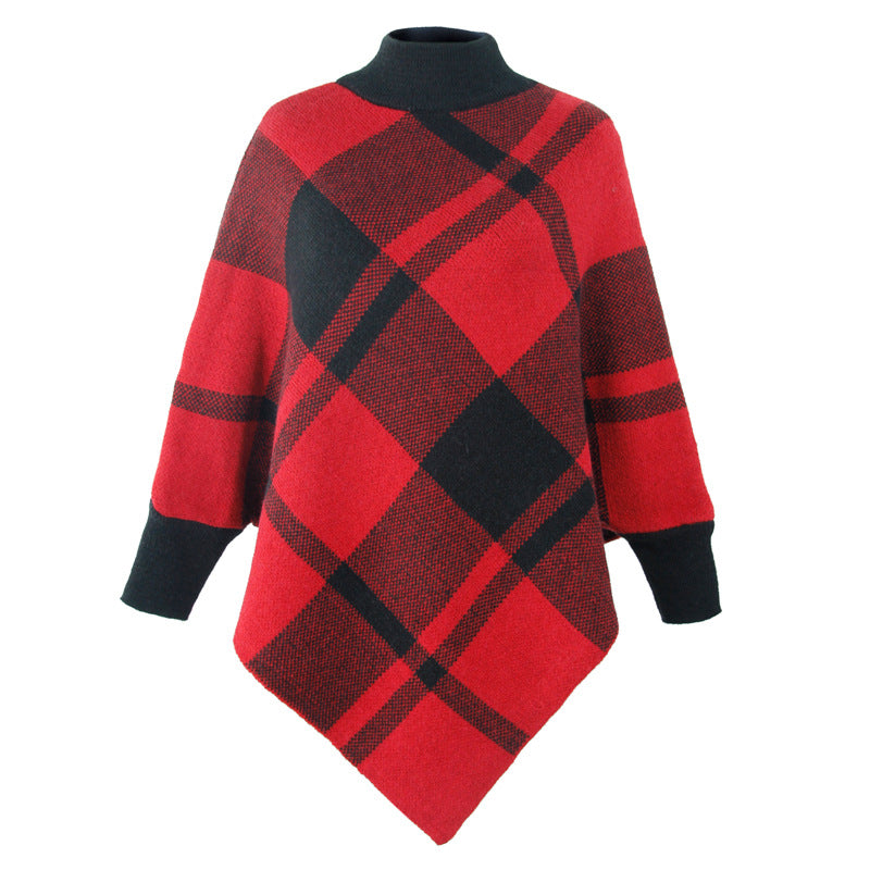 Color-Block Check Cloak Bat Sleeve Knitted Shawl Wholesale Womens Tops