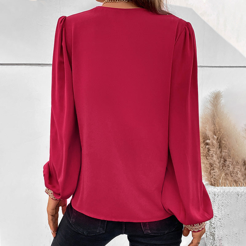 Casual V Neck Lace Patchwork Blouse Wholesale Womens Long Sleeve T Shirts