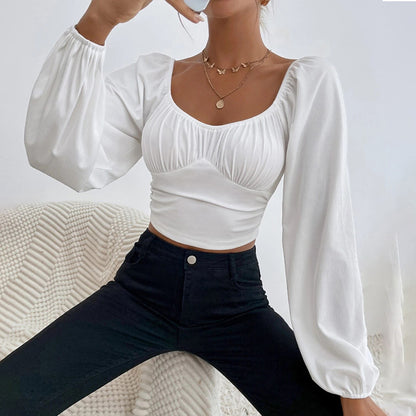 Sexy Slim Pleats Puff Sleeves Solid Color T-Shirt Wholesale Crop Tops