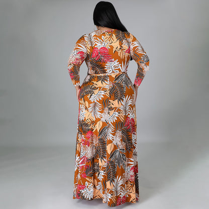 High Waist Floral Print Women Curve Wrap Dress Wholesale Plus Size Maxi Dresses