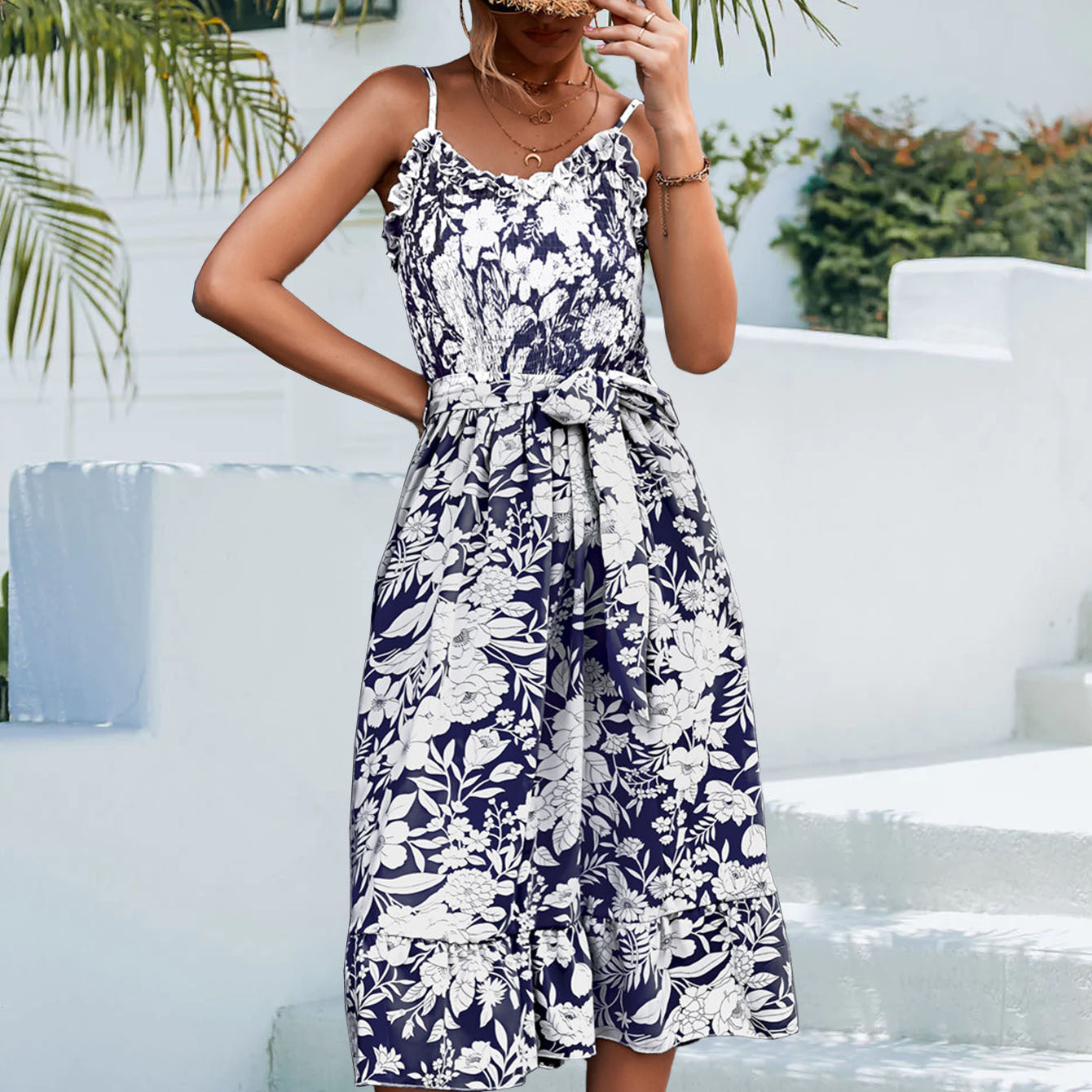 Ruffle Tie-Up Waist Floral Print Midi Sling Dress Wholesale Dresses