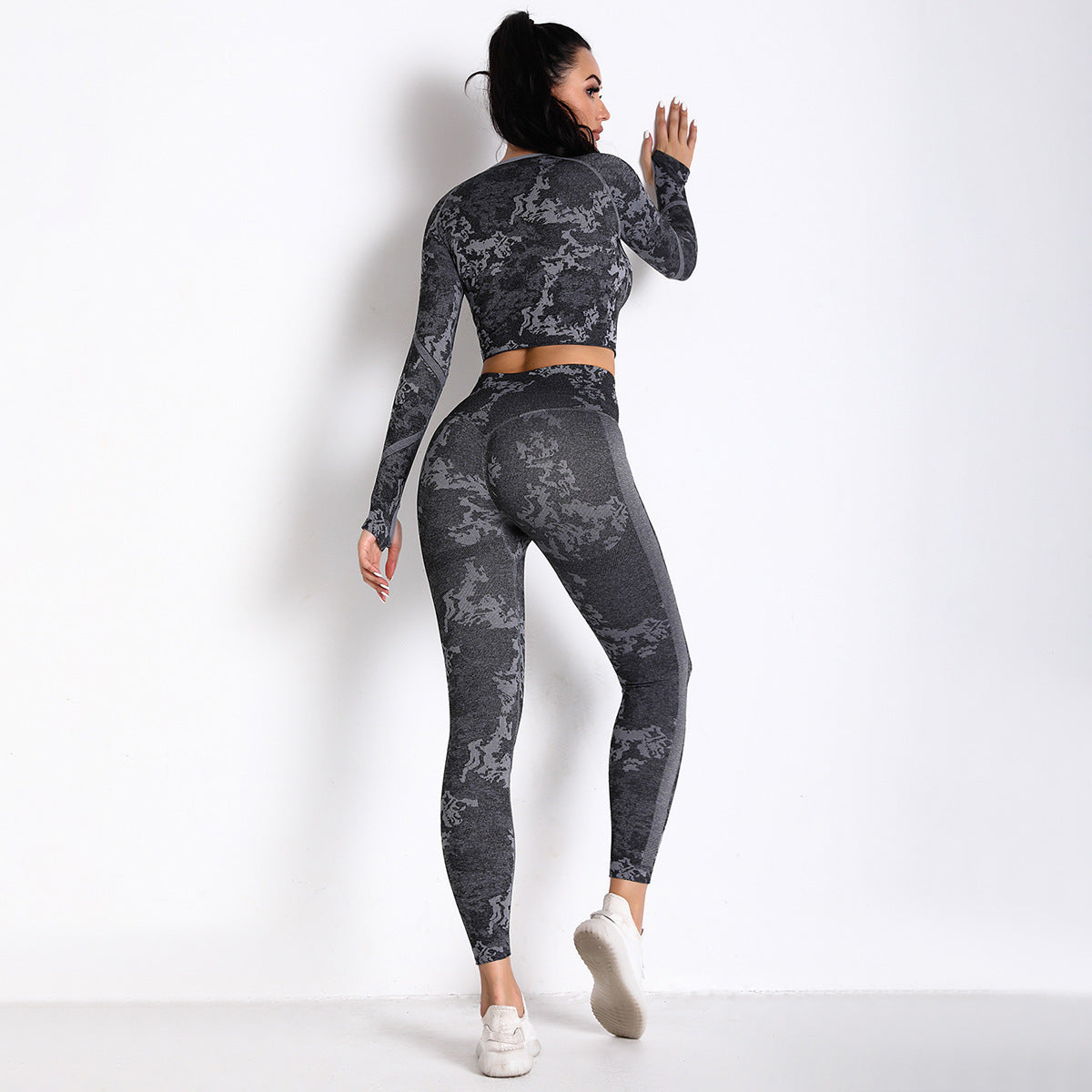 Knitted Camo Tops & Hip-Lifting Leggings Seamless Yoga Suit Wholesale Activewear Sets