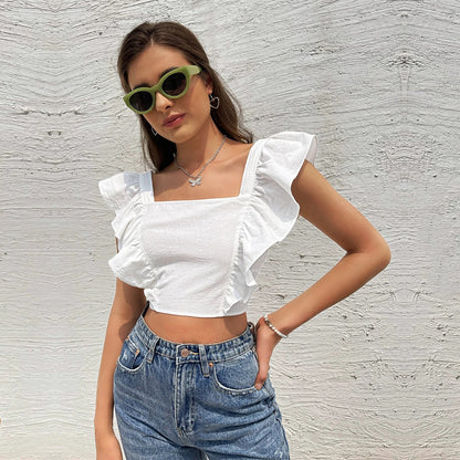 Solid Color Halter Strap Ruffle Sleeveless Square Neck Crop Tops Wholesale Women'S Tops