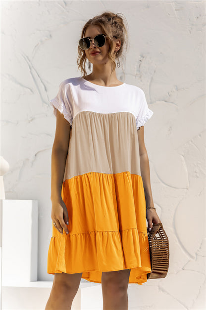 Round Neck Colorblock Ruffles Short Sleeve Loose Smocked Dresses Casual T Shirt Dress Wholesale