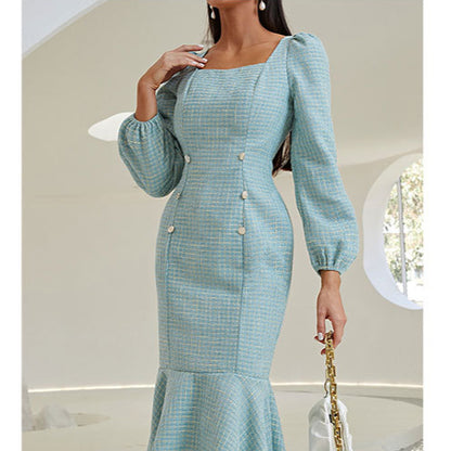 Plaid Square Neck Button Long Sleeve Ruffled Slim Dress Wholesale Dresses