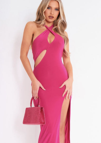 Sexy Cross Halter Midi Dress Hollow Out Bodycon Solid Color Backless Side Slit Wholesale Dresses