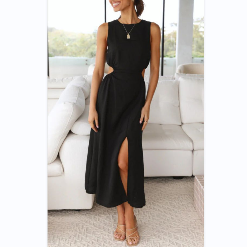 Sexy Waist Cutout Solid Color Pleated Midi Dress Sleeveless O Neck Slit Slim Wholesale Dresses