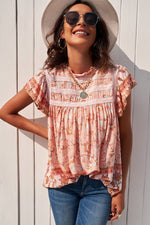 Boho Style Print Ruffled Collar Flare Short Sleeve Loose Womens Tops Casual Wholesale T Shirt