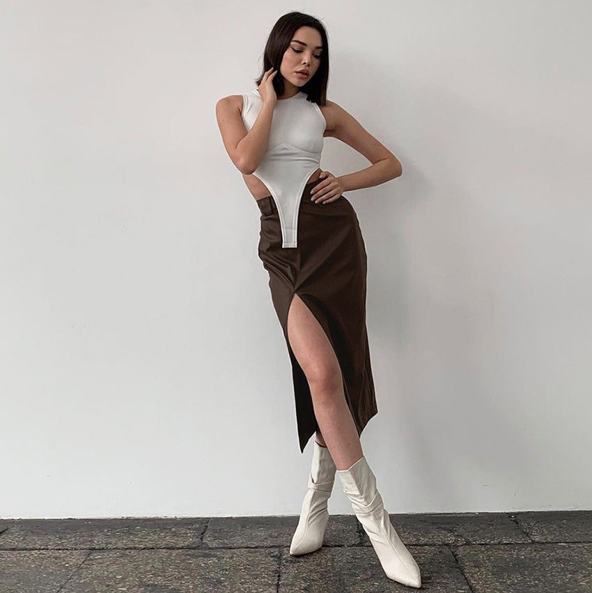 PU Matte Leather Sexy Slit Midi High Waist Wholesale Skirt