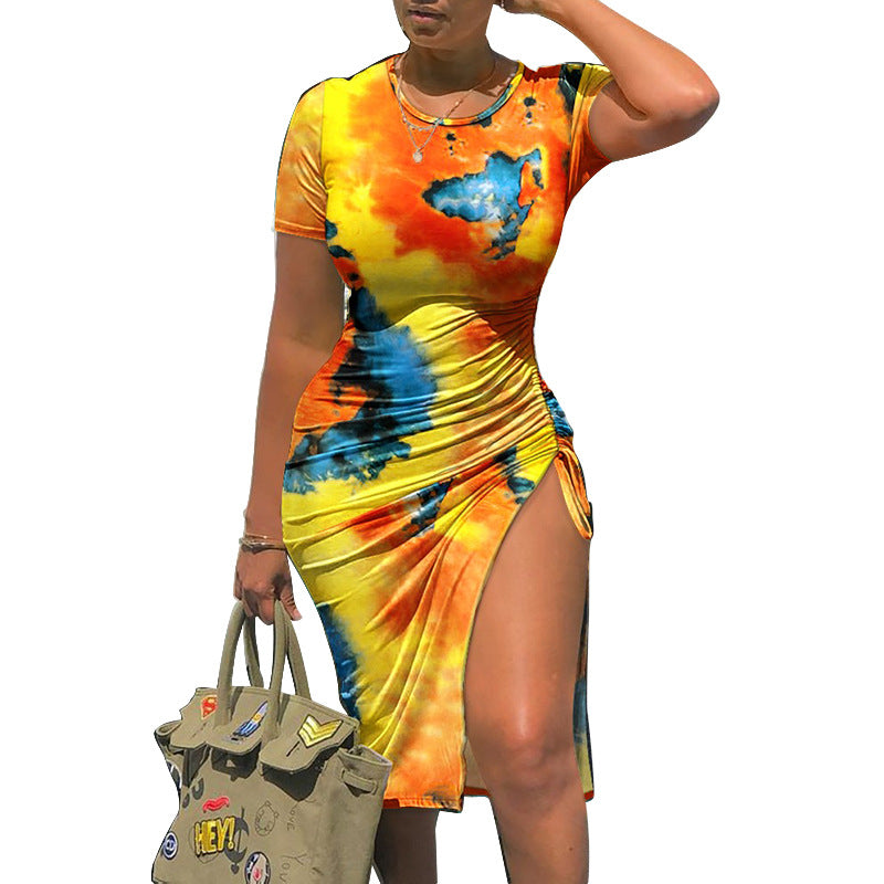 Tie-Dye Bag Hip Slit Tie Wholesale Sexy Dress