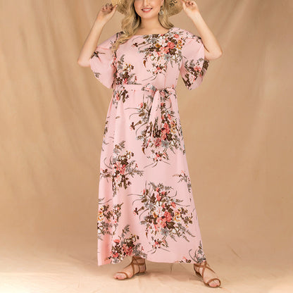 Chiffon Floral Maxi Swing Dress Lace-Up Flared Sleeve Dresses Wholesale Plus Size Clothing