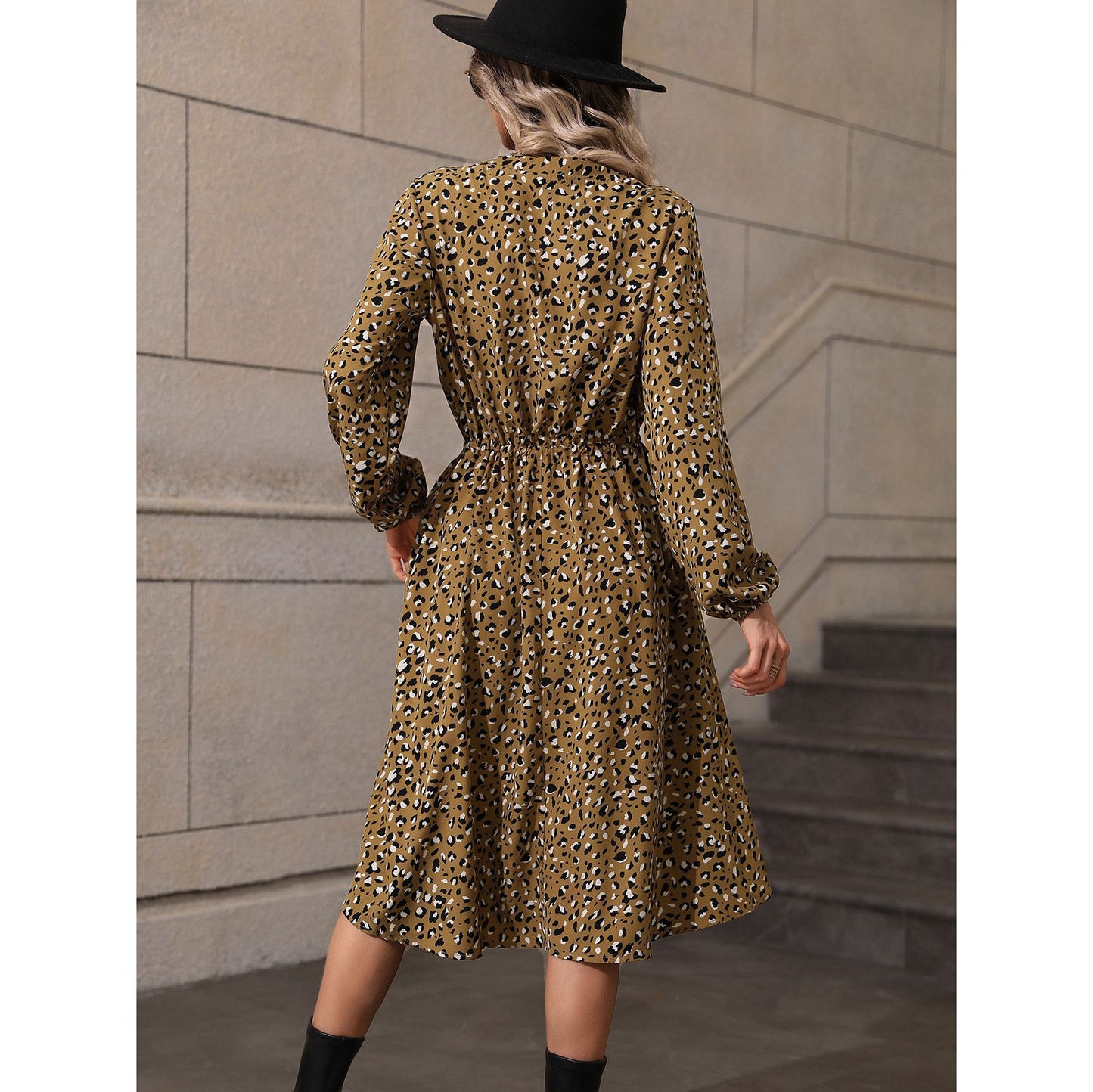 Casual Printed Round Neck Lantern Sleeves Midi Dress Wholesale Dresses