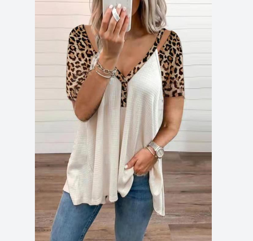 Fashion Waffle Paneled Leopard Print Tops Loose V Neck Womens T Shirts Wholesale