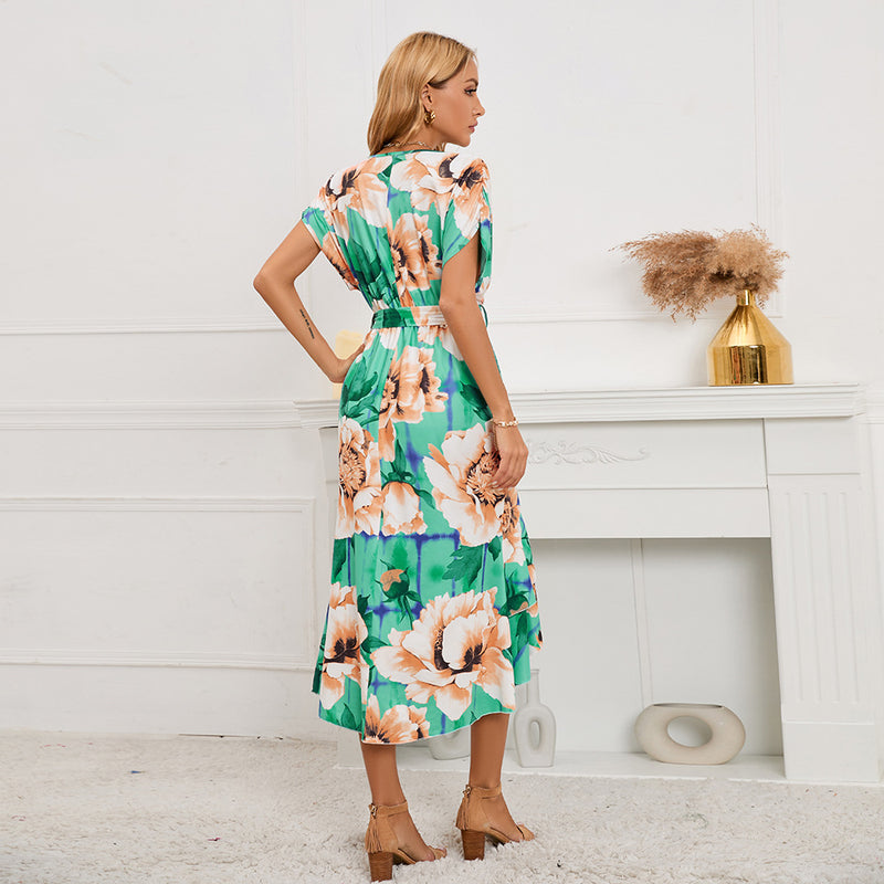 V-Neck Dolman Sleeve Printed A-Line Dress Wholesale Dresses