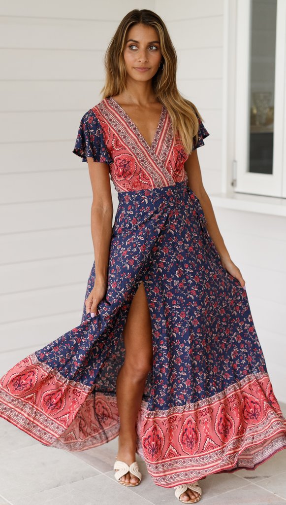 V Neck Short Sleeve Lace Up Boho Print Slit Wide Swing Maxi Dresses Casual Wholesale Bohemian Dress For Women SD531166