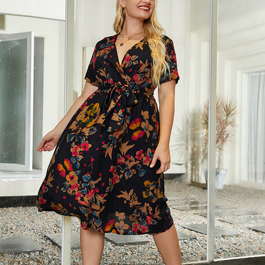 Wholesale Women'S Plus Size Clothing Vintage Short-Sleeved Print Large Swing Temperament Dress