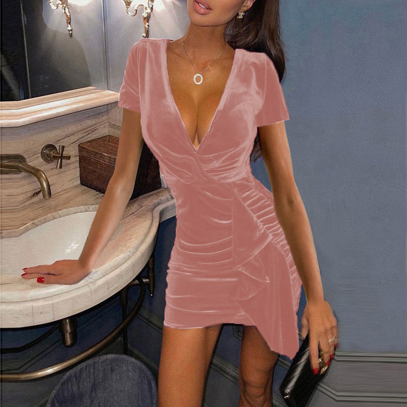 Sexy Slim Short-Sleeved V-Neck Velvet Dress Wholesale Dresses