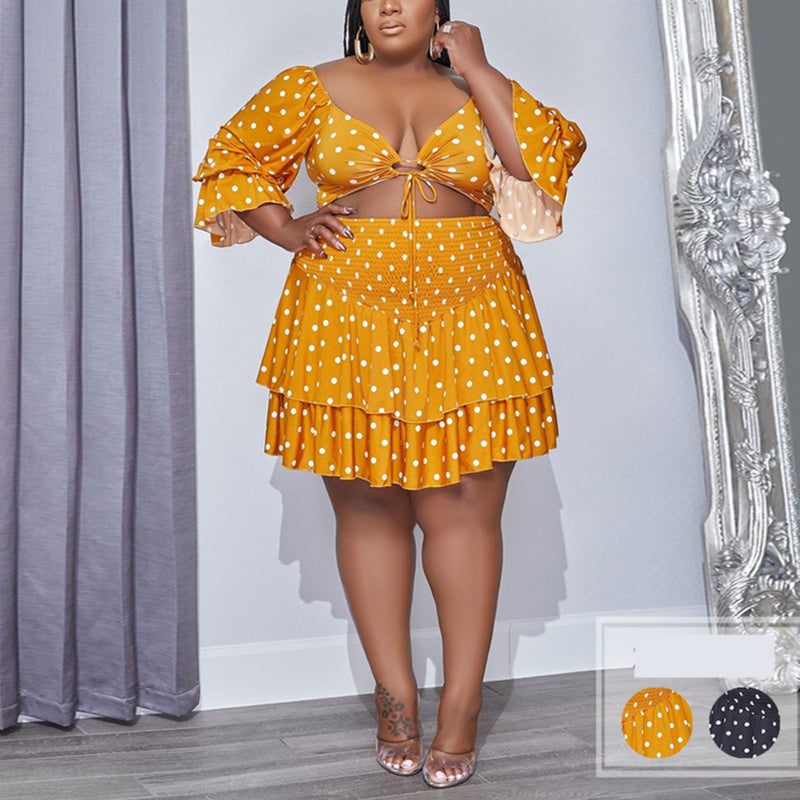 Polka Dot Cropped Tops & Skirt Sexy Sets Wholesale Plus Size Clothing