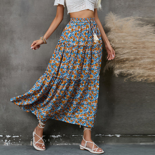 Floral Print Boho Fashion Smocked Bohemian Swing Long Skirt Wholesale Skirts