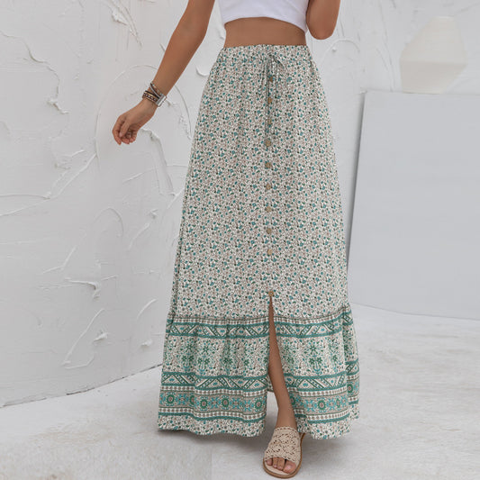 High Waist Floral Print Single-Breasted Long Bohemian Skirt Wholesale Skirts