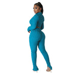 Casual Long Sleeve Crop Tops & Pants Solid Color Bubble Slim Wholesale Womens 2 Piece Sets