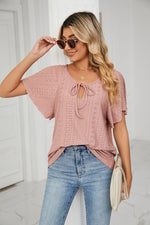 V-Neck Solid Color Tie Short-Sleeve Lace Hollow T-Shirt Wholesale Womens Tops