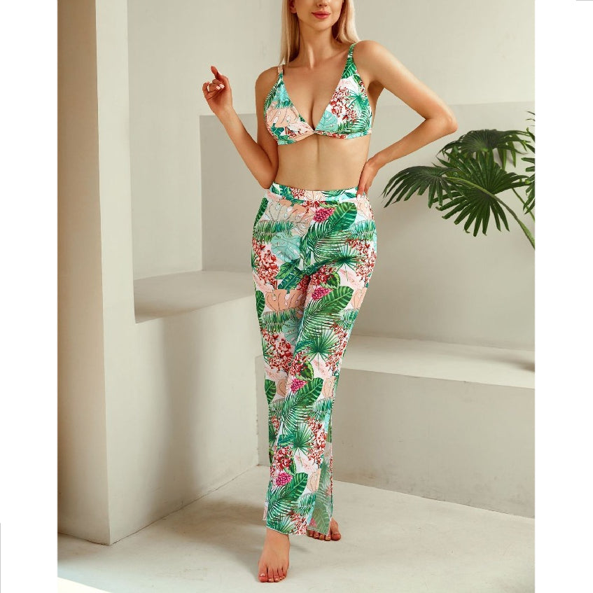 Printed Gauze Trousers Bikini Three-Piece Swimsuit Wholesale Women'S Clothing