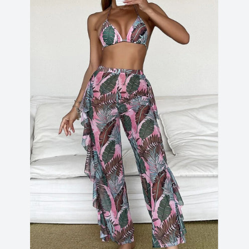 Sexy Tropical Leaf Printing Womens Bikini & Beachwear Cover Up Pants 3pcs Sets Swimwear Wholesale Vendors