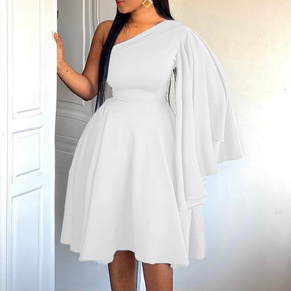 Fashion Solid Color Slant Neck Bell Sleeve Party Dress Wholesale Dresses