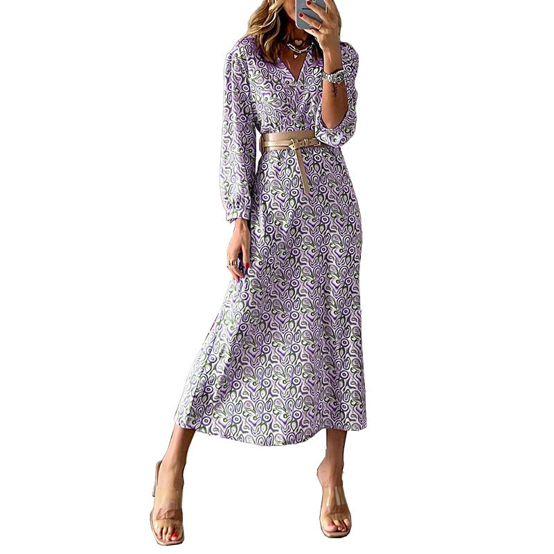 Fashionable V-Neck Long Sleeve Bohemian Print Maxi Dress Wholesale Dresses