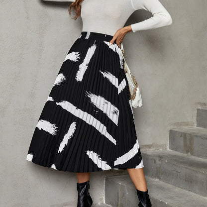 Trendy Irregular Print Contrasting Color A-Line Pleated High Waist Skirt Wholesale Women Bottoms