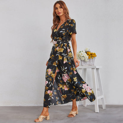 Sexy V Neck Vacation Slit Maxi Dresses Short Sleeve Floral Print Wholesale Dresses