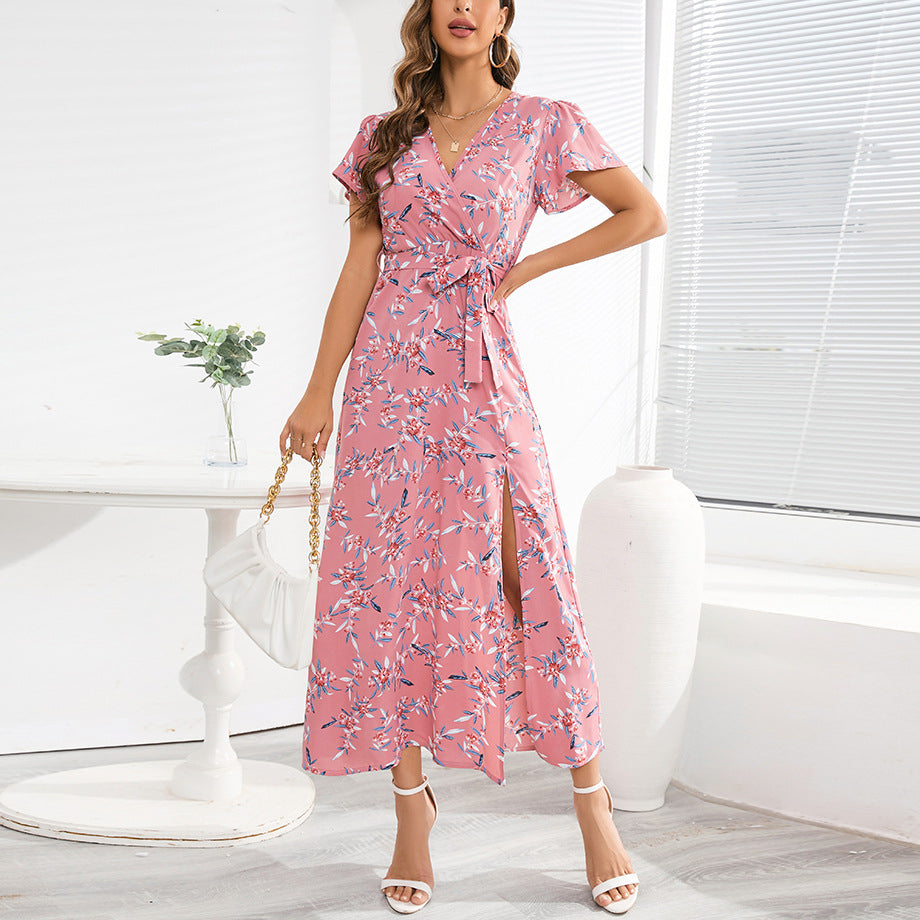 Summer Short Sleeve V-Neck Floral Print Chiffon A-Line Dress Wholesale Dresses