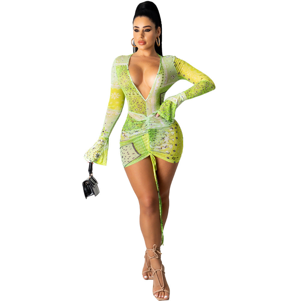 Deep V Printed Flared Long Sleeve Drawstring Pleated Bodycon Dress Sexy Women Clubwear Wholesale Dresses