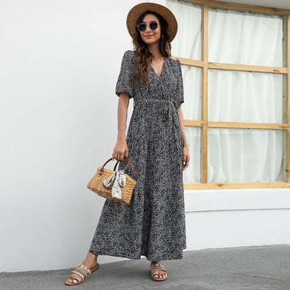 V-Neck Printed Puff Sleeve Lace-Up Smocked Dress Casual Wholesale Maxi Dresses