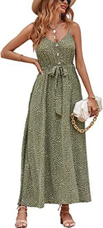 Printed Lace-Up V-Neck High Slit Holiday Sundresses Flowy Sleeveless Dress Wholesale Maxi Dresses SD531077