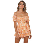 Off Shoulder Printed Puff Sleeve Tube Top Sexy Ruffles Tie-Up Womens Short Jumpsuits Wholesale Rompers