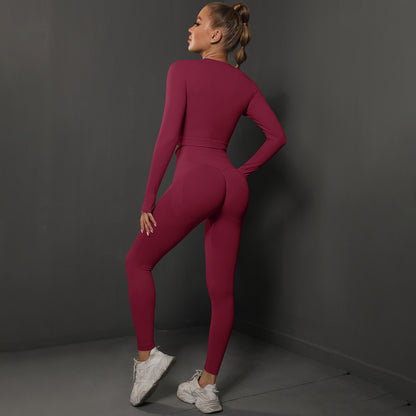 Seamless Knitted Pleated Tight Yoga Exercise Running Fitness Long Sleeve Leggings Suit Wholesale Women Clothing