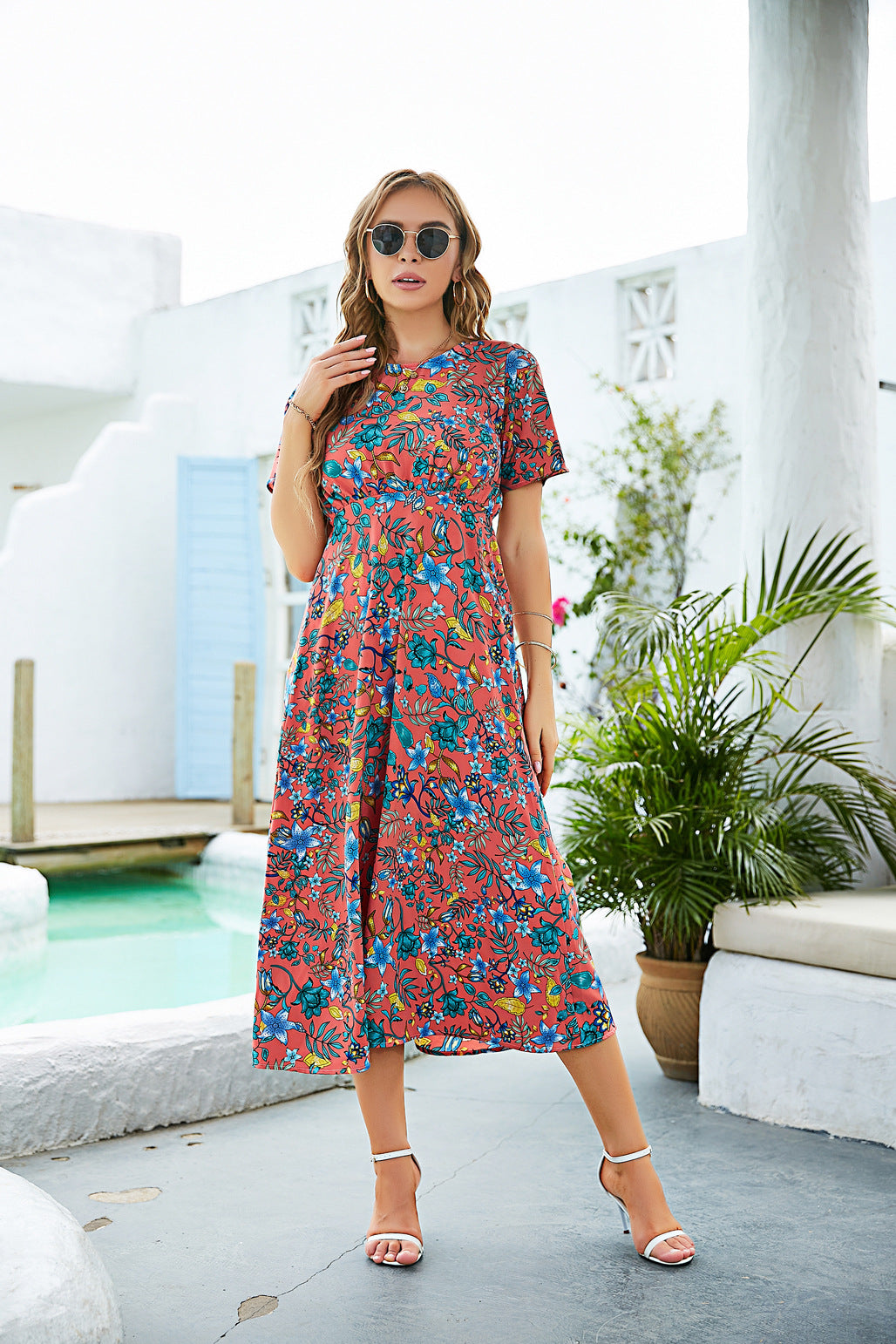 Women Fashion Floral Print Short Sleeve Backless Wholesale Beach Dresses