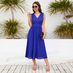 Drawstring Sleeveless Slim Fit Pleated V-Neck Solid Color Midi Dress Wholesale Dresses