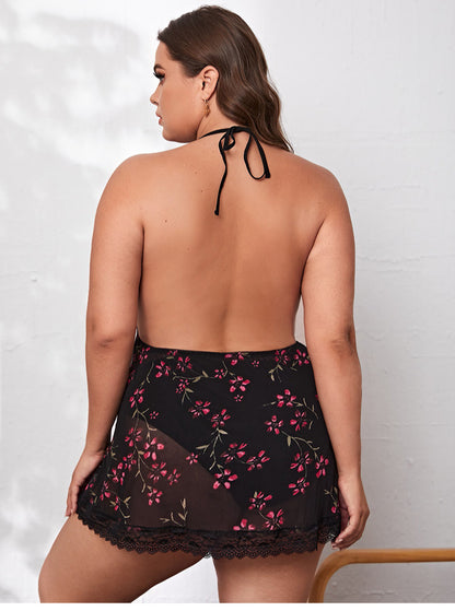 Printed Sexy Lace Deep V Hollow Halterneck Open Back Curve Pajamas Plus Size Lingerie Wholesale