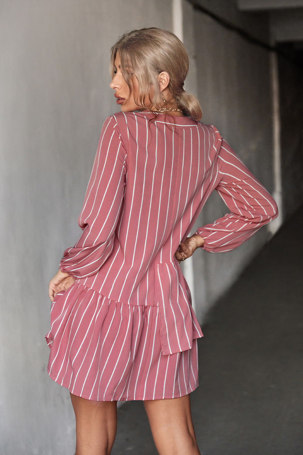 Striped Long Sleeve Irregular Ruffled Dress Wholesale Dresses